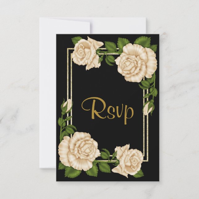 Elegant Chic Corner Ivory Roses Wedding RSVP (Front)