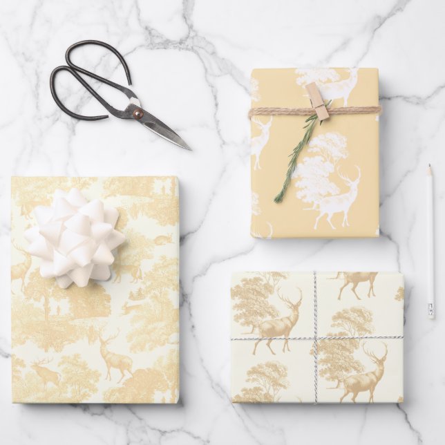Elegant Chic Cream Beige Toile Deer Woodland Wrapping Paper Sheets (Front)