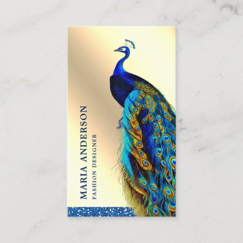 Elegant Chic Cream Gold Foil Blue Indian Peacock Business Card