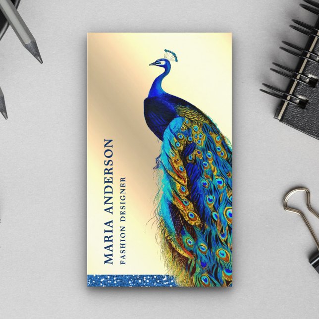 Elegant Chic Cream Gold Foil Blue Indian Peacock Business Card (Creator Uploaded)