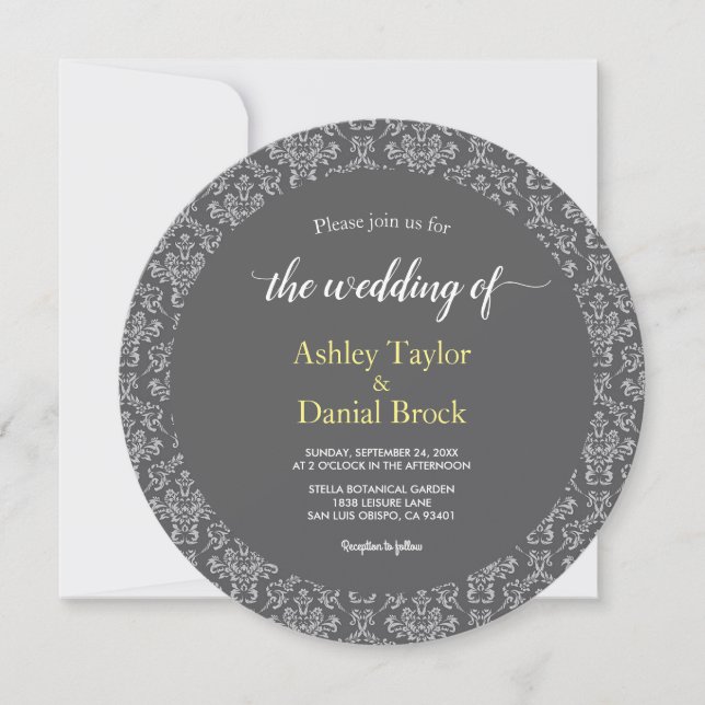 Elegant Chic Damask Art Deco Gray Formal Wedding Invitation (Front)