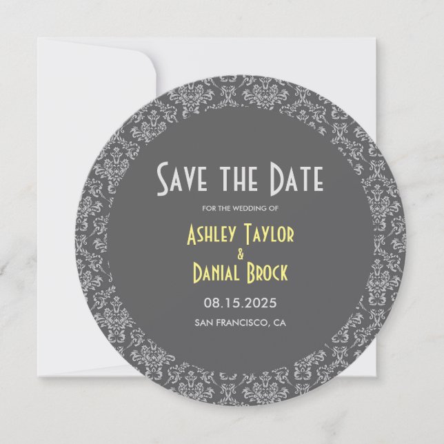 Elegant Chic Damask Art Deco Gray Formal Wedding Save The Date (Front)