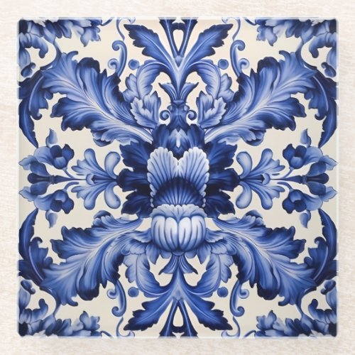 Elegant Chic Delftware Blue Flower  Glass Coaster