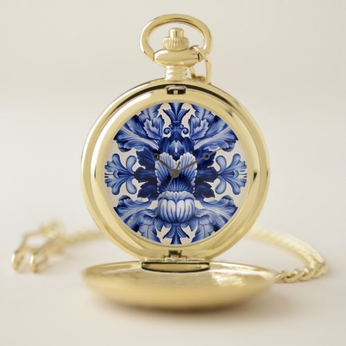 Elegant Chic Delftware Blue Flower  Pocket Watch