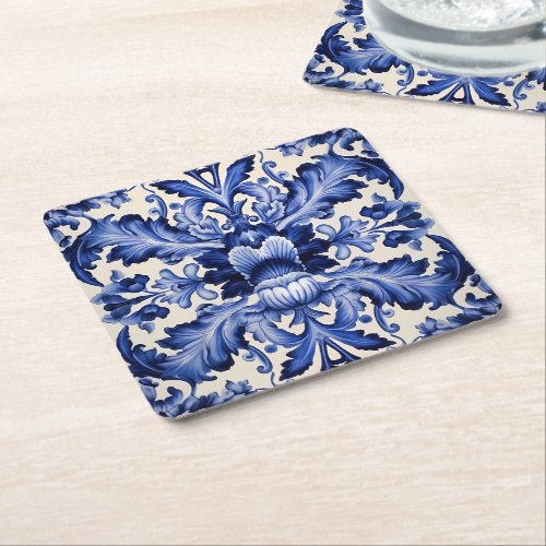 Elegant Chic Delftware Blue Flower  Square Paper Coaster