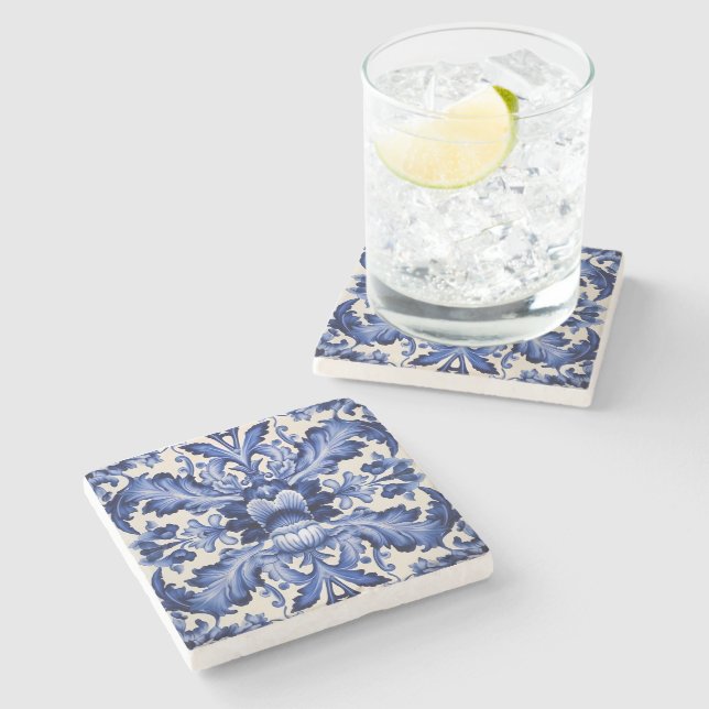 Elegant Chic Delftware Blue Flower  Stone Coaster (Side)