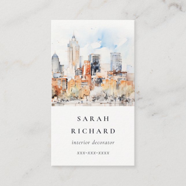 Elegant Chic Denver Colorado Skyline Watercolor Business Card (Front)