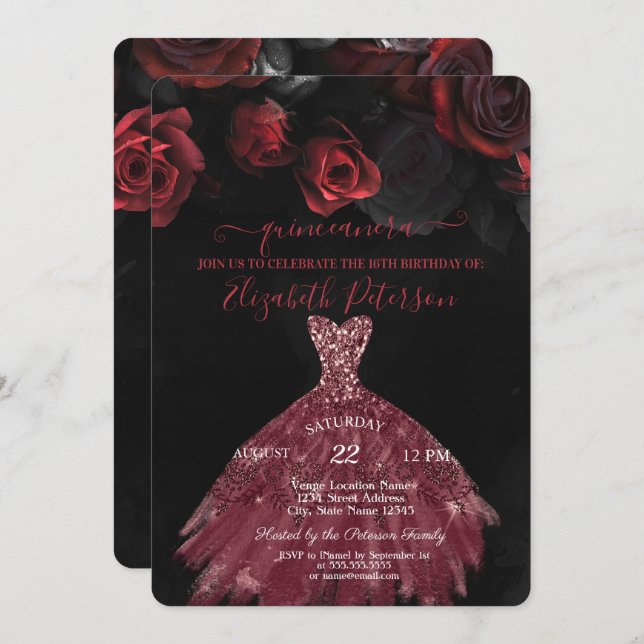 Elegant Chic Dress Red Roses Quinceañera Invitation (Front/Back)