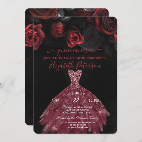 Elegant Chic Dress Red Roses Quinceaera Invitation