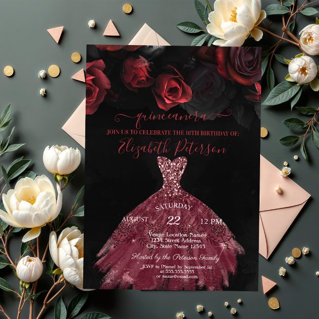Elegant Chic Dress Red Roses Quinceañera Invitation (Creator Uploaded)