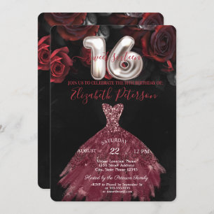 Elegant Chic Dress Red Roses Sweet 16 Party Invitation
