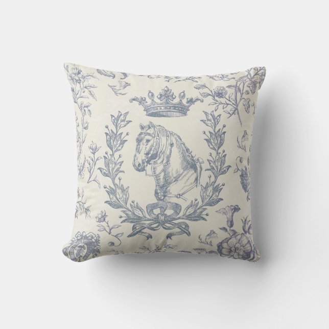 Elegant Chic Dusty Blue Equestrian Floral Toile Throw Pillow (Front)