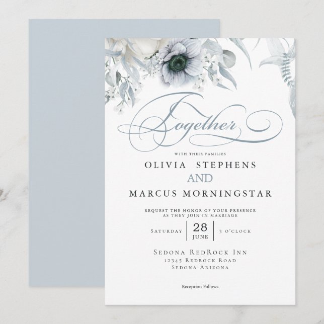 Elegant Chic Dusty Blue Floral Invitation (Front/Back)