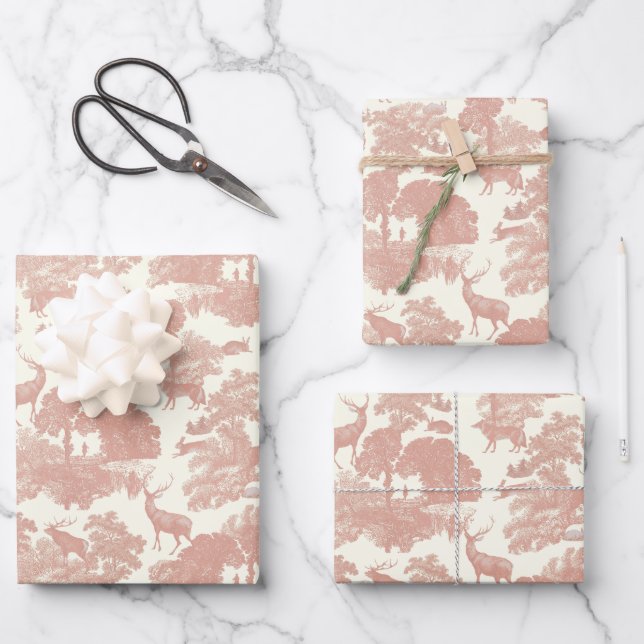Elegant Chic Dusty Rose Toile Deer Woodland Wrapping Paper Sheets (Front)
