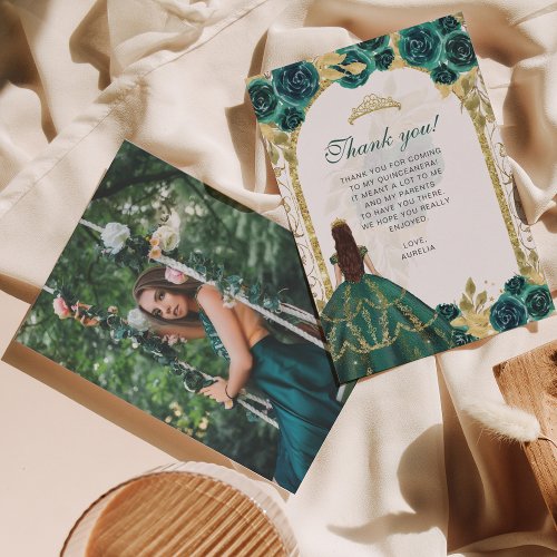 Elegant Chic Emerald Floral Photo Quinceaera Thank You Card