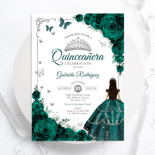 Elegant Chic Emerald Green Floral Quinceanera Invitation