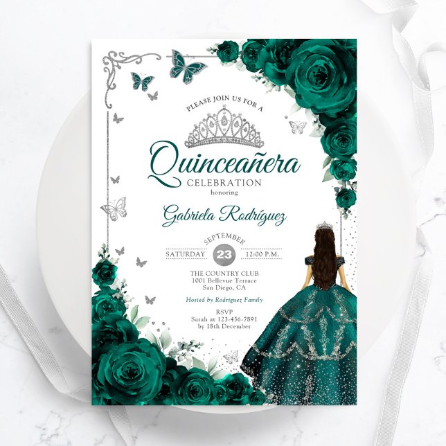 Elegant Chic Emerald Green Floral Quinceanera Invitation (Creator Uploaded)