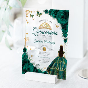 Elegant Chic Emerald Green Roses Gold Quinceanera  Acrylic Invitations