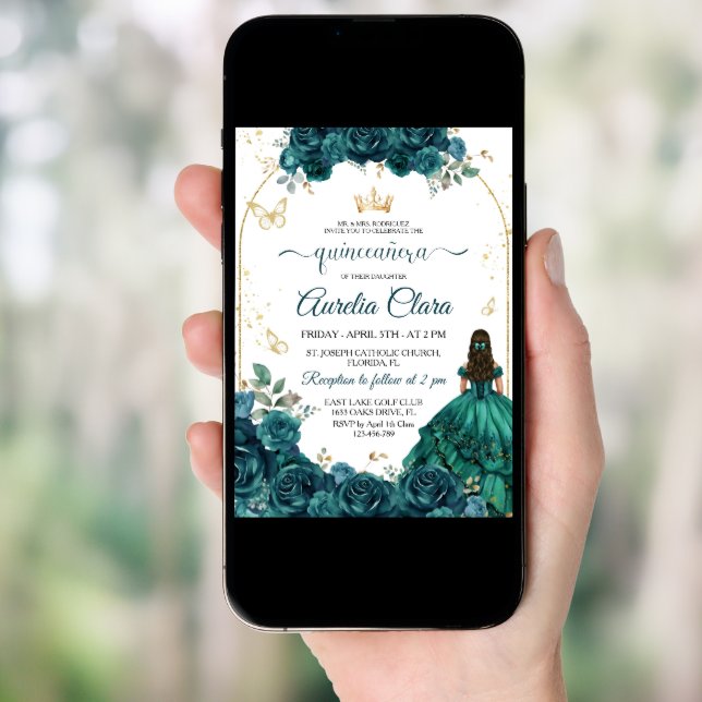 Elegant Chic Emerald Green Roses Gold Quinceanera Invitation (Front Digital)