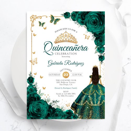 Elegant Chic Emerald Green Roses Gold Quinceanera Invitation