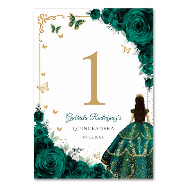 Elegant Chic Emerald Green Roses Gold Quinceanera Table Number (Front)