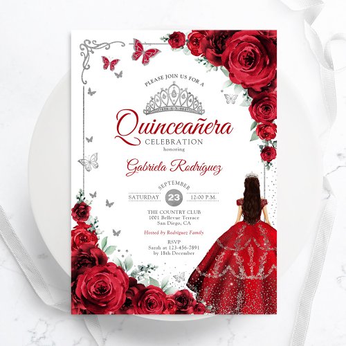 Elegant Chic Emerald Red Roses Silver Quinceanera Invitation