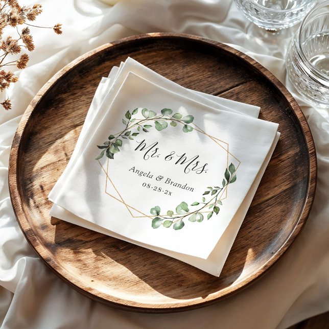 Elegant Chic Eucalyptus Mr and Mrs Wedding Napkins (Creator Uploaded)