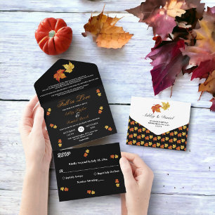 Elegant Chic Fall in Love Rustic Autumn Wedding All In One Invitation