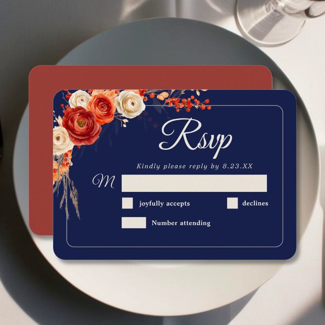 Elegant chic fall orange navy floral wedding  RSVP card (Creator Uploaded)