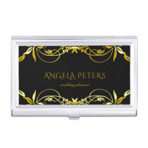 Elegant Chic Fancy Gold Ornate Frame On Black Business Card Case