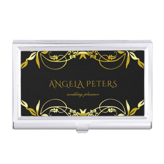 Elegant Chic Fancy Gold Ornate Frame On Black  Business Card Case (Front)
