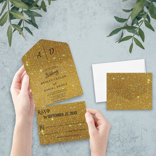 Elegant chic fancy golden classy gold glitter all in one invitation