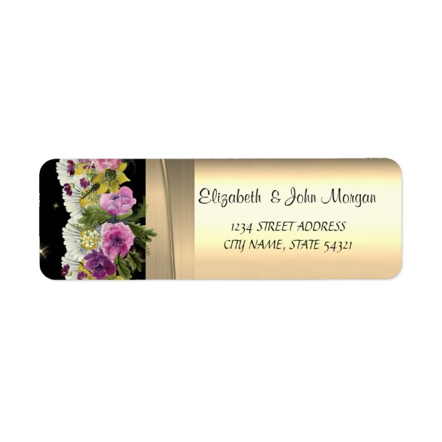 Elegant  Chic ,Faux Gold,Black, Flowers Label (Front)