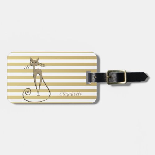 Elegant Chic  Faux Gold Glittery  Cat On Stripes Luggage Tag