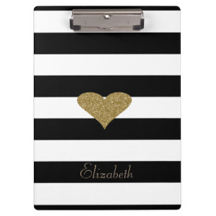Elegant Chic Faux Gold Glittery Heart On Stripes Clipboard