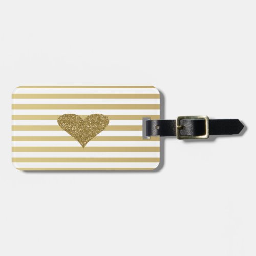 Elegant Chic  Faux Gold Glittery  Heart On Stripes Luggage Tag