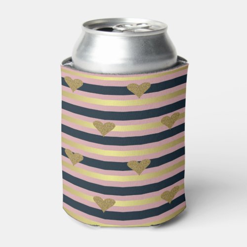 Elegant Chic  Faux Gold Glittery Hearts On Stripes Can Cooler