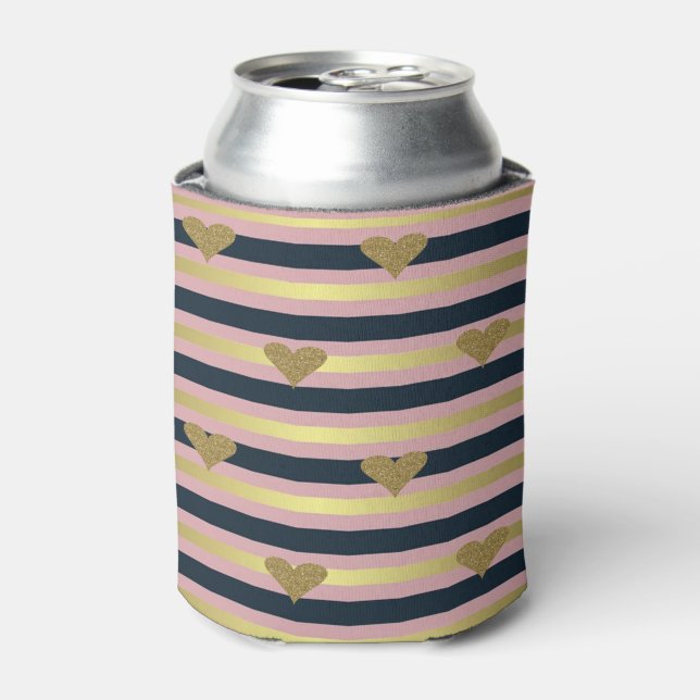 Elegant Chic  Faux Gold Glittery Hearts On Stripes Can Cooler (Can Front)