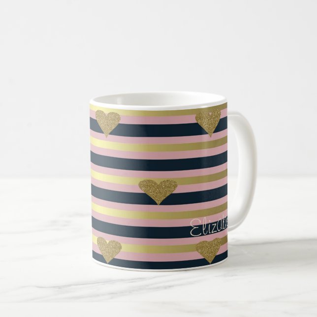 Elegant Chic  Faux Gold Glittery Hearts On Stripes Coffee Mug (Front Right)