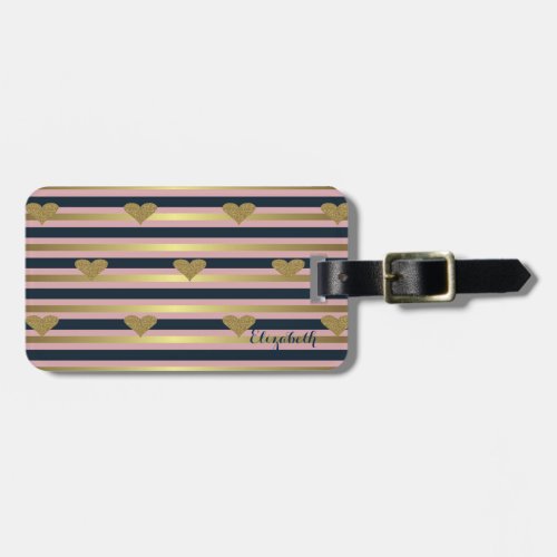 Elegant Chic  Faux Gold Glittery Hearts On Stripes Luggage Tag
