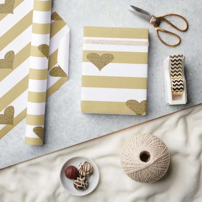 Elegant Chic  Faux Gold Glittery Hearts On Stripes Wrapping Paper (Crafts)