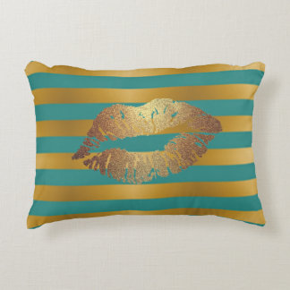 Elegant Chic Faux Gold Glittery Lips On Stripes Accent Pillow
