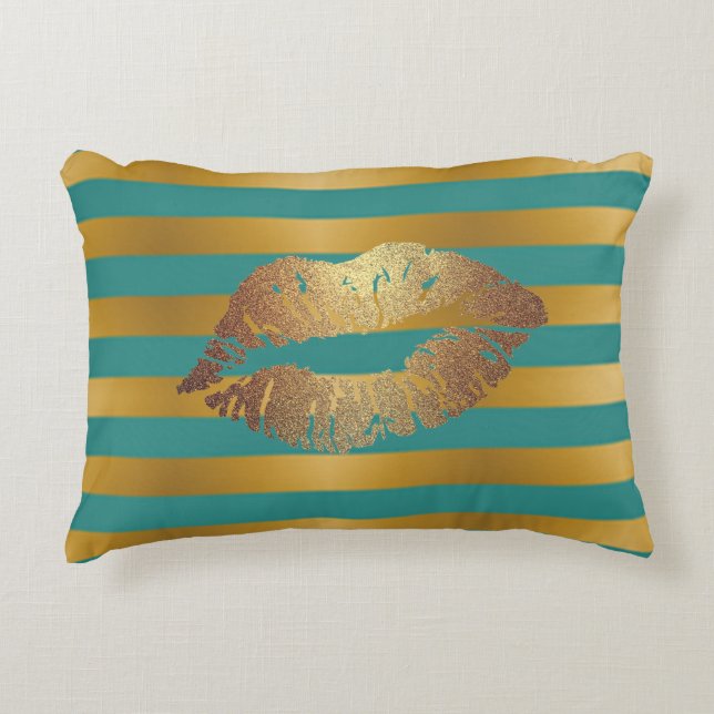 Elegant Chic  Faux Gold Glittery  Lips  On Stripes Accent Pillow (Front)