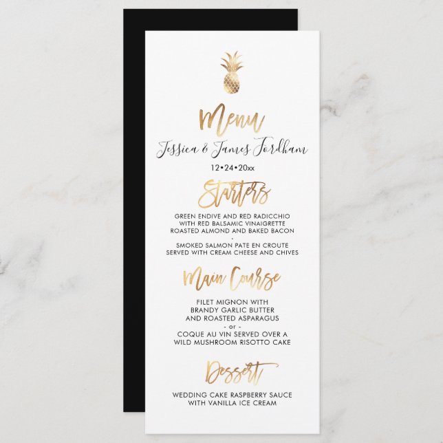 Elegant+Chic Faux Gold Pineapple Menu Invitation (Front/Back)
