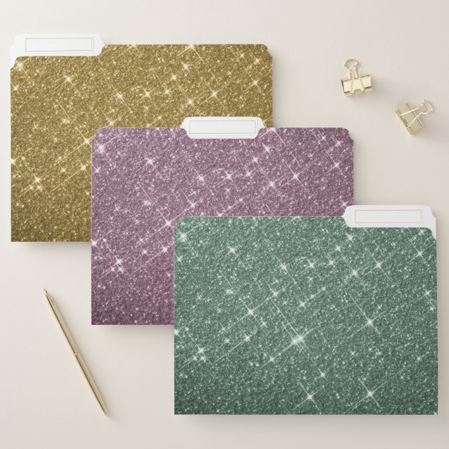 Elegant Chic Faux Gold Pink Green Glitter Luxury File Folder (Set)