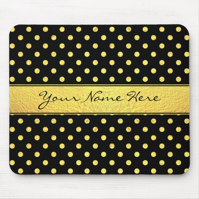 Elegant Chic Faux Gold Polka Dots on Black Mouse Pad (Front)