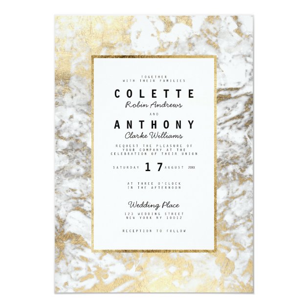 Elegant Chic Faux Gold White Modern Marble Wedding Invitation