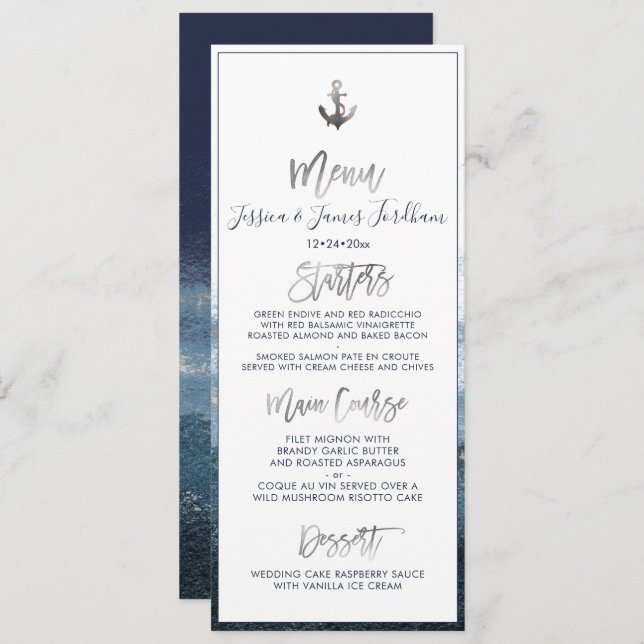 Elegant+Chic Faux Silver Anchor Menu Invitation (Front/Back)
