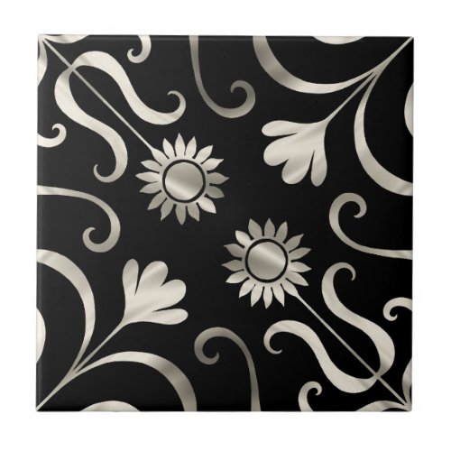  Elegant Chic Floral Damask Black Silver Sunflower Ceramic Tile