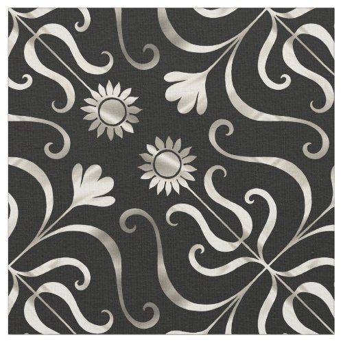  Elegant Chic Floral Damask Black Silver Sunflower Fabric
